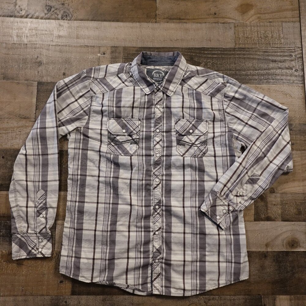 BKE Athletic Fit Snap Front‎ Plaid Shirt Men’s XL Gray White Western Casual